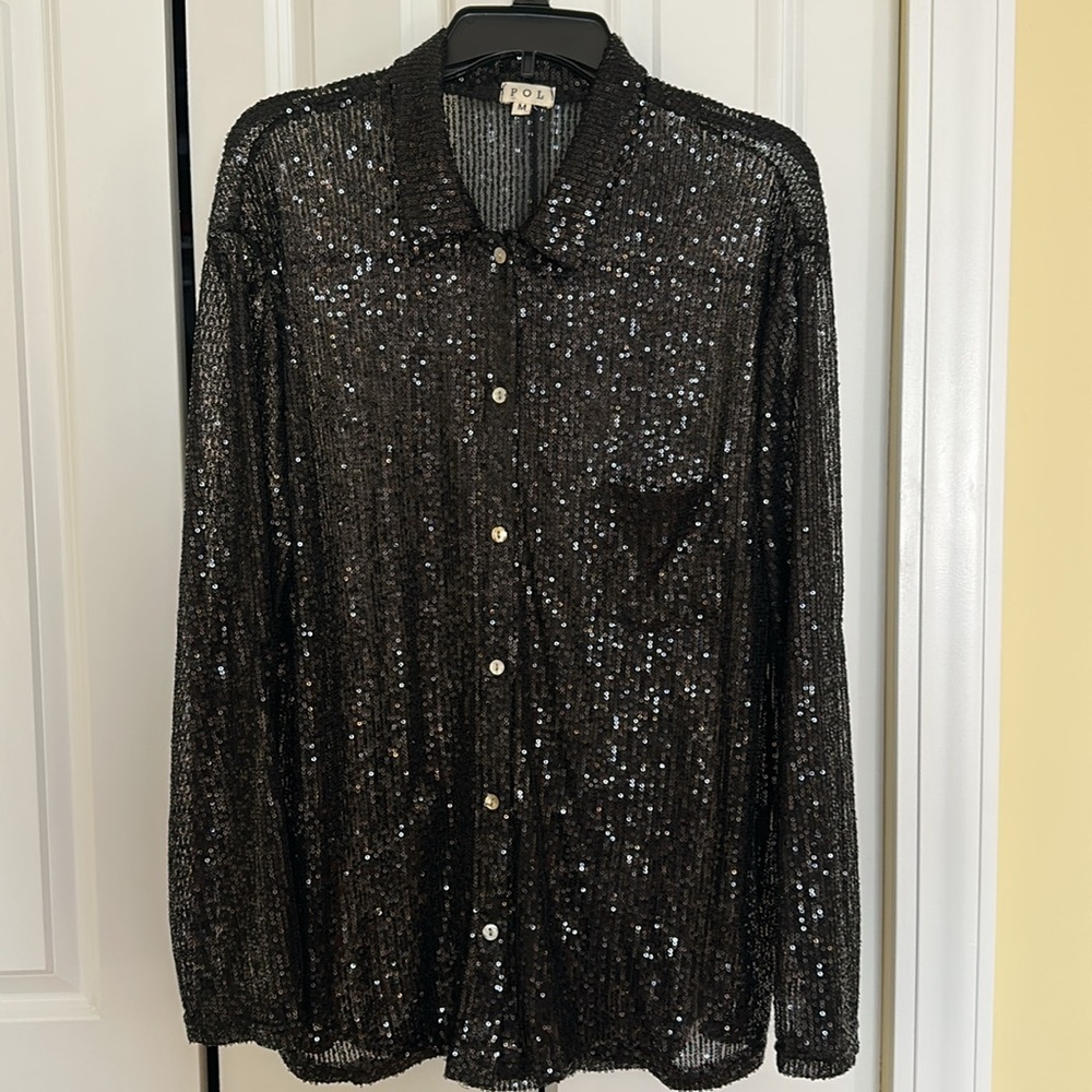 Sheer Black Mesh Sequin Button-Down Top Glam & Edgy Elegance View 2